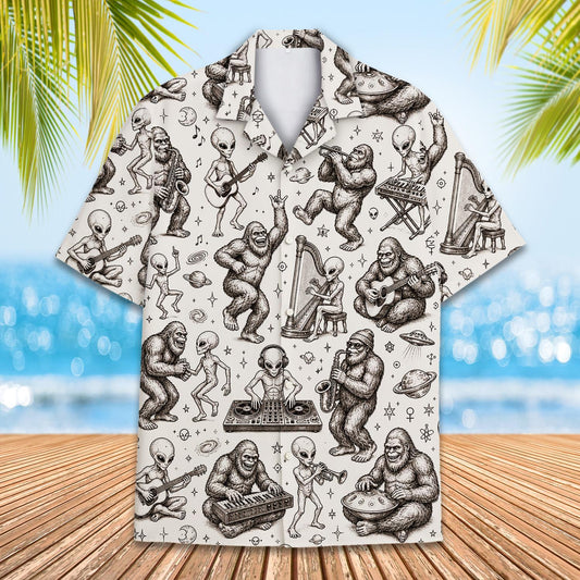 Main view of the aliens and bigfoot music hawaiian shirt in beige
