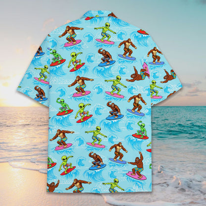 Back view of aliens and bigfoot surfing hawaiian shirt