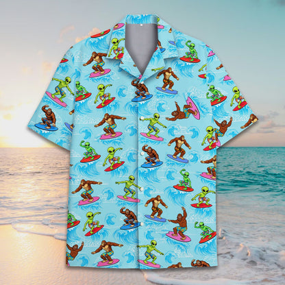 Main view of aliens and bigfoot surfing hawaiian shirt