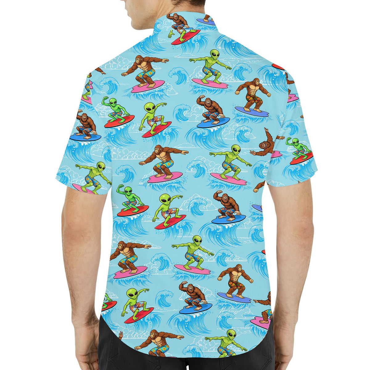 Lifestyle view of aliens and bigfoot surfing hawaiian shirt