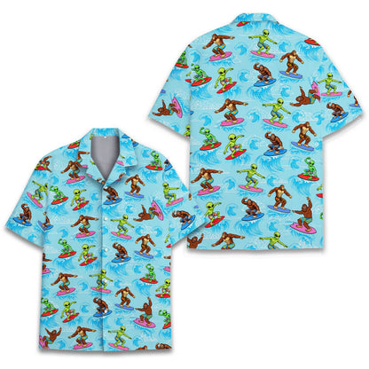 Detailed view of the surfing pattern on the hawaiian shirt