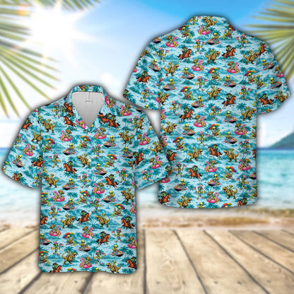 Aliens and dinosaurs beach party hawaiian shirt featuring cartoon aliens on a light blue background, main view
