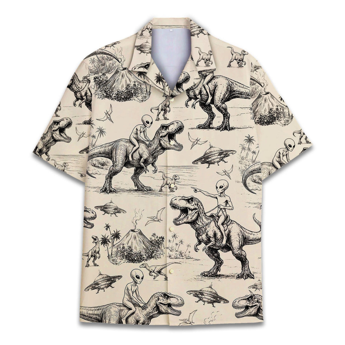 Aliens and dinosaurs hawaiian shirt in beige, front view