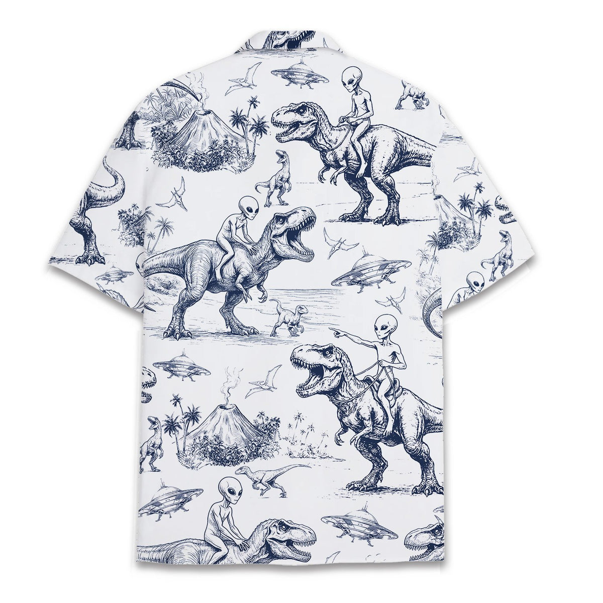 Aliens and dinosaurs hawaiian shirt in blue, back view