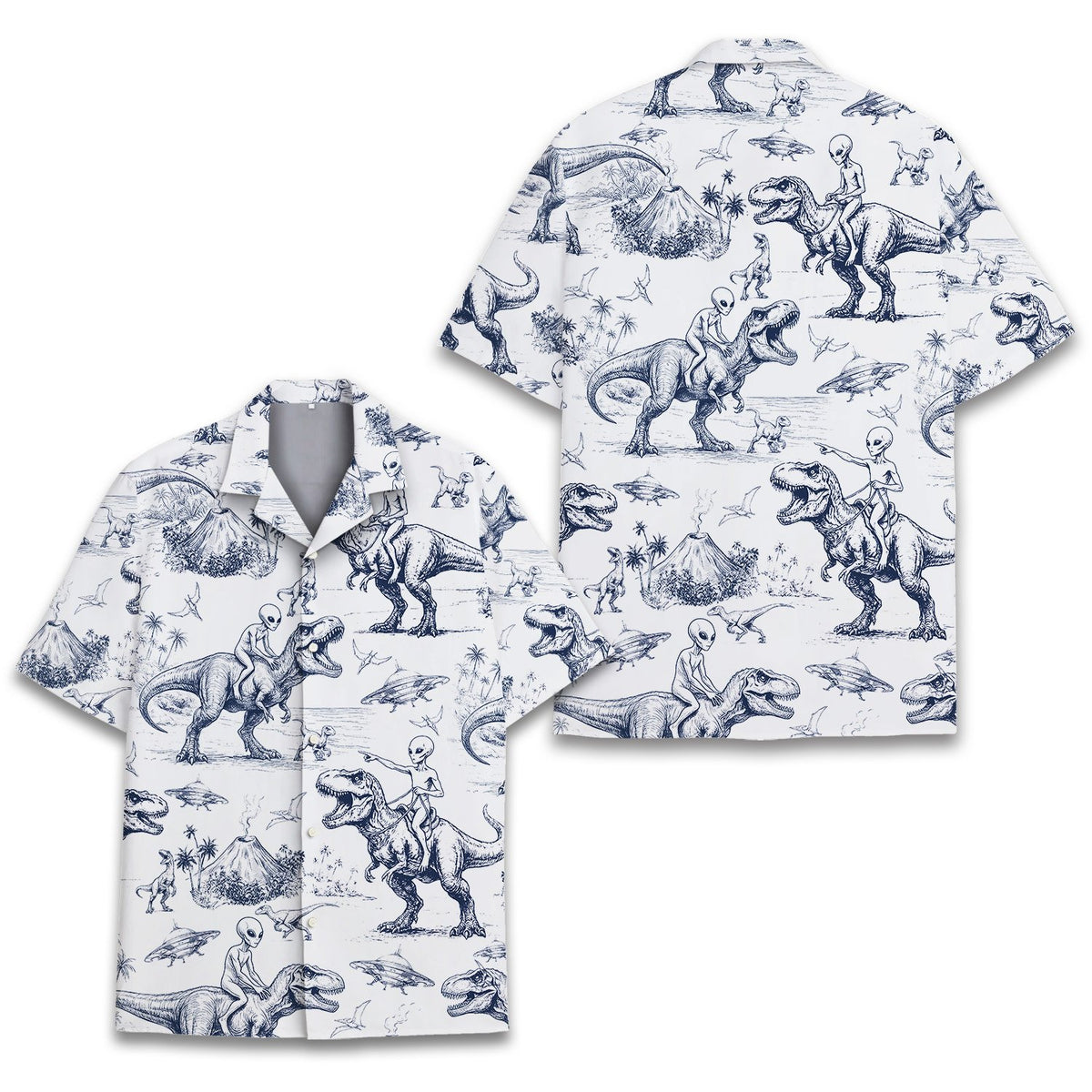 Matching family hawaiian shirts featuring an aliens and dinosaurs design in blue, main view alternative