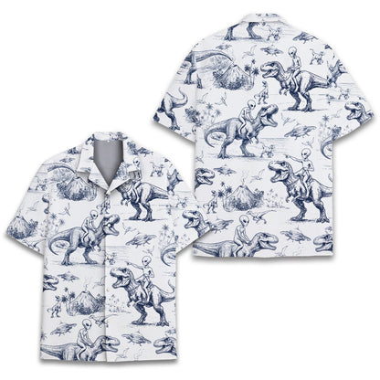 Matching family hawaiian shirts featuring an aliens and dinosaurs design in blue, main view alternative