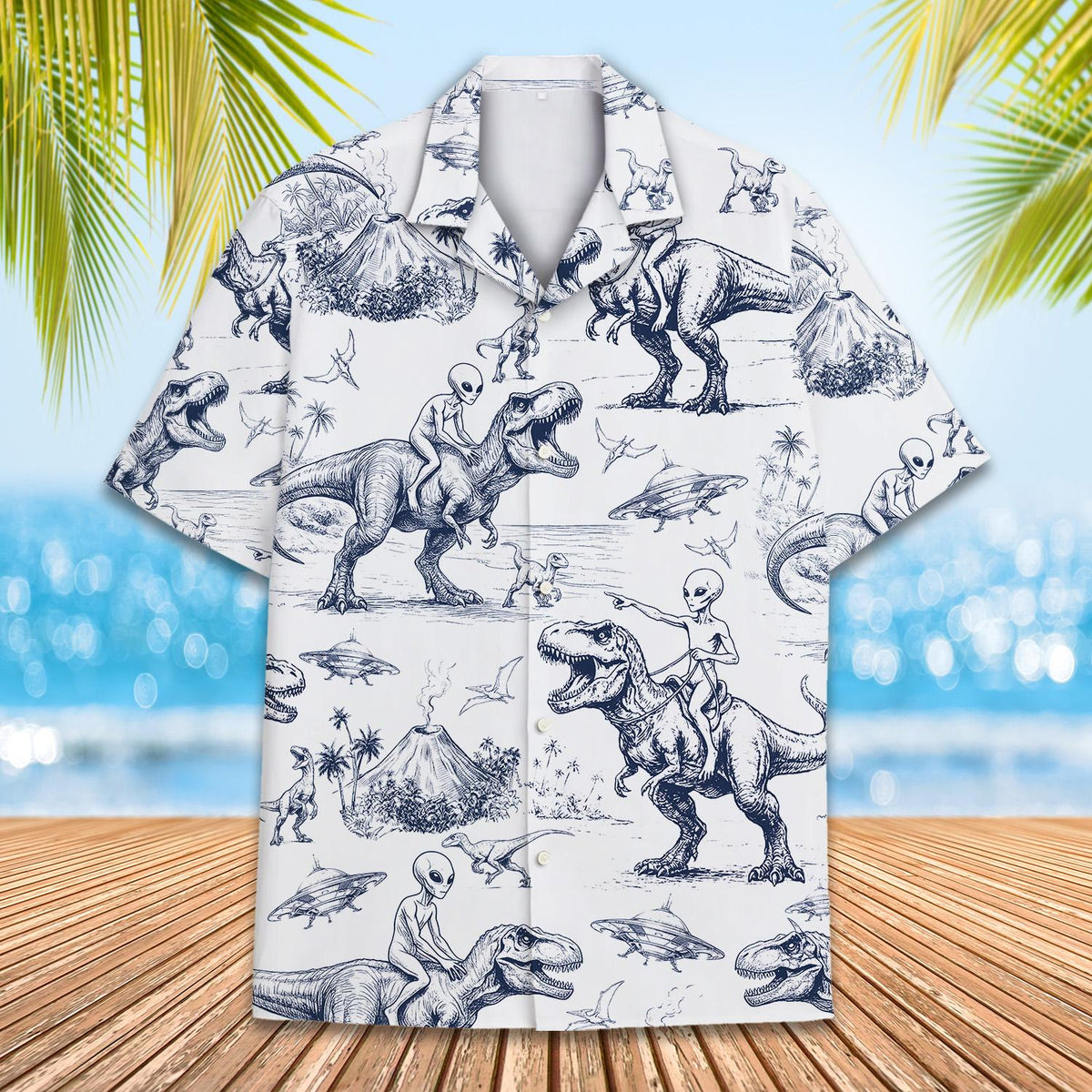 Second lifestyle view of the aliens and dinosaurs hawaiian shirt
