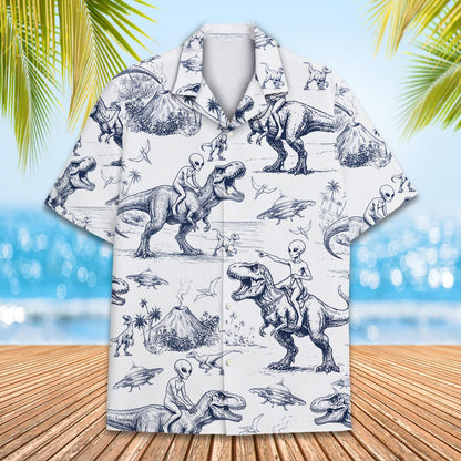 Second lifestyle view of the aliens and dinosaurs hawaiian shirt