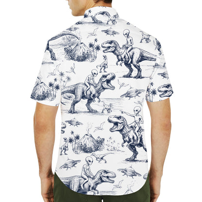 Third lifestyle view showing the matching family hawaiian shirts with aliens and dinosaurs
