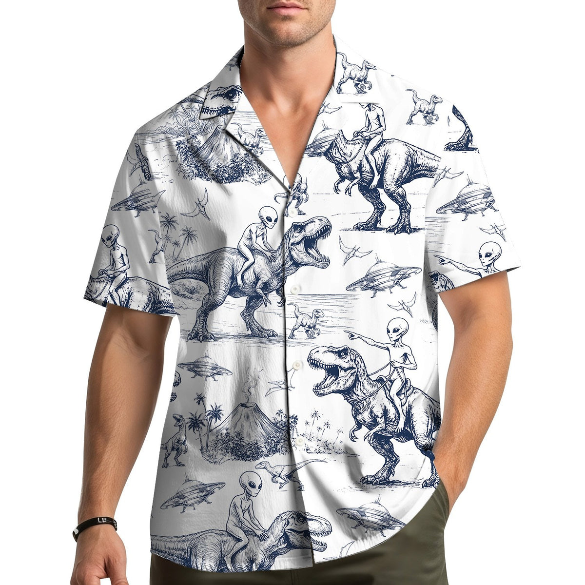 Fourth lifestyle view of the aliens and dinosaurs hawaiian shirt