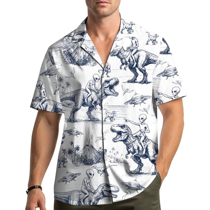Fourth lifestyle view of the aliens and dinosaurs hawaiian shirt