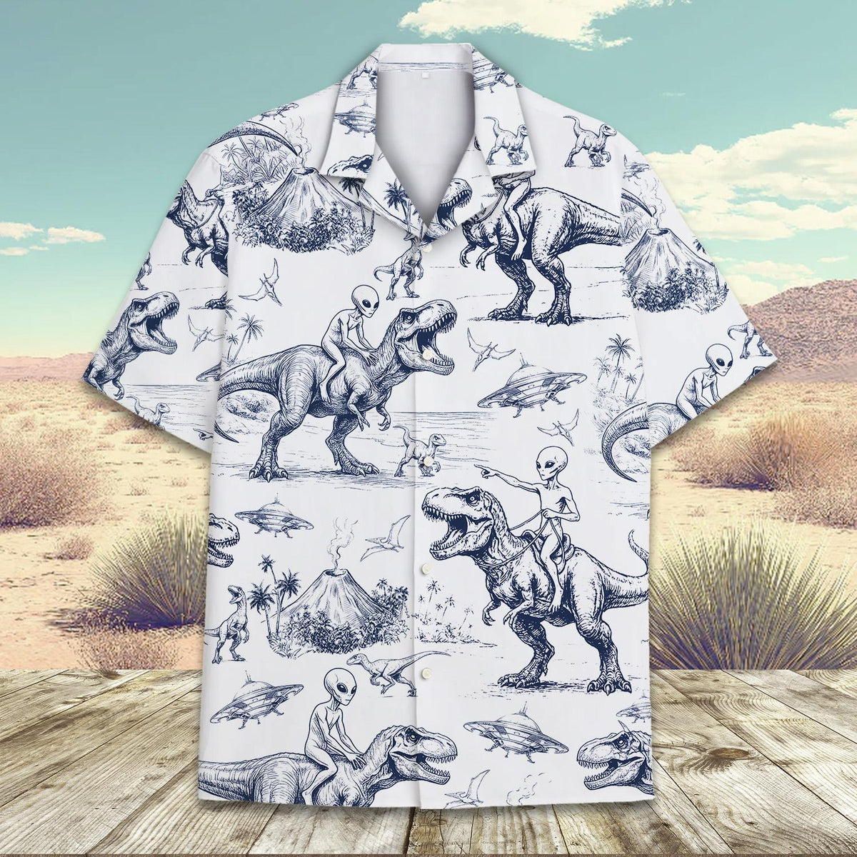 Lifestyle view of someone wearing the aliens and dinosaurs matching family hawaiian shirts