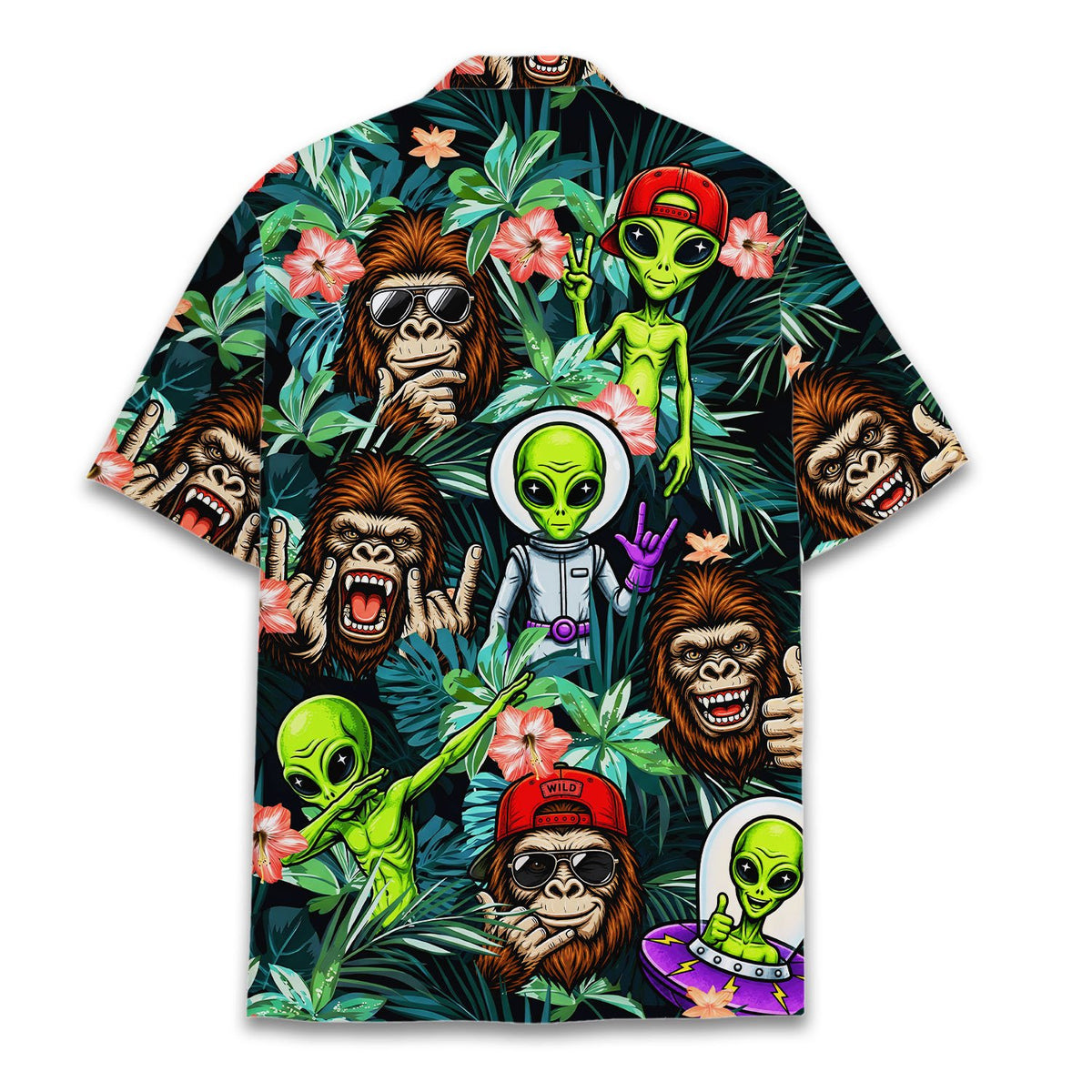 Back view of the aliens and gorillas hawaiian shirt