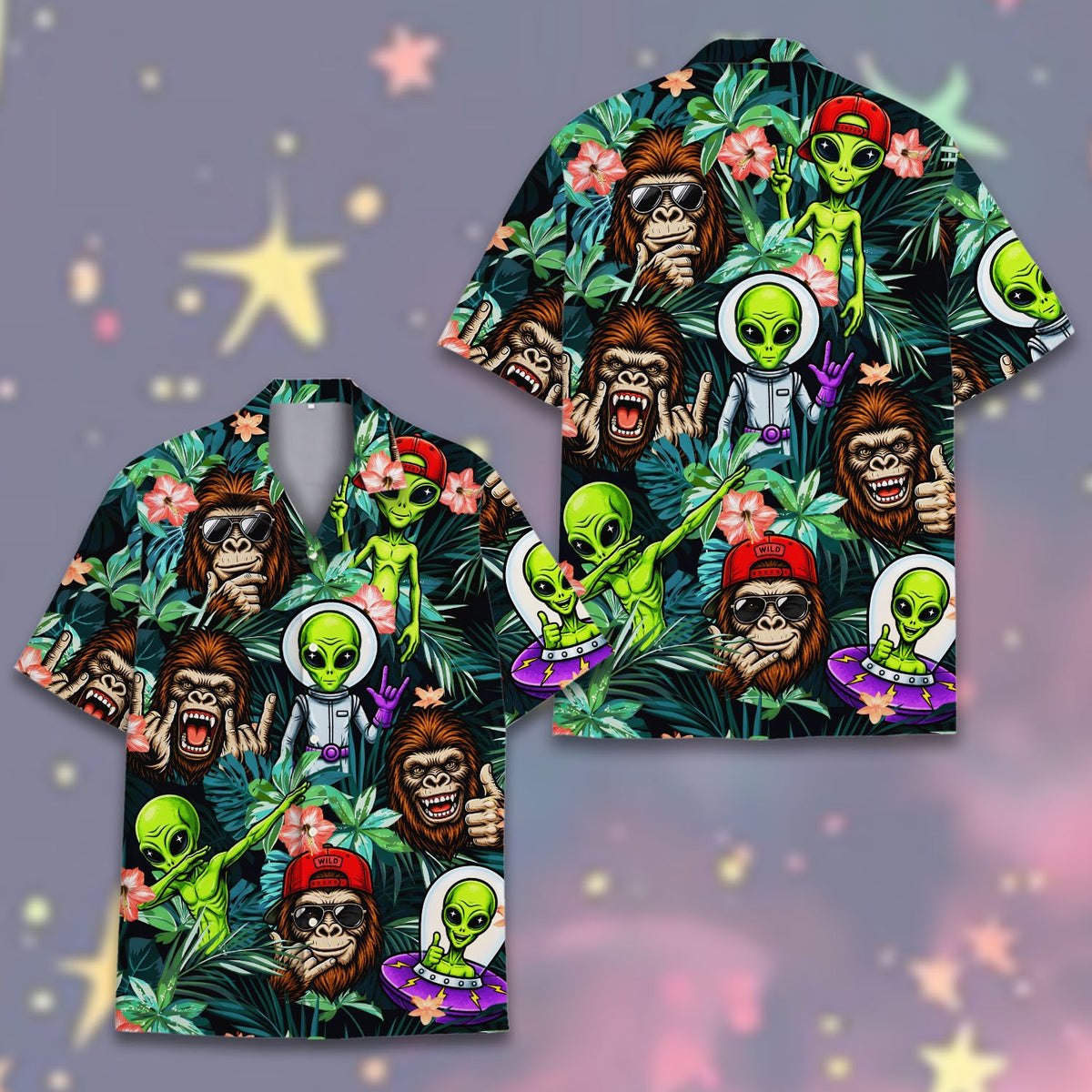 Another front view of the aliens and gorillas hawaiian shirt