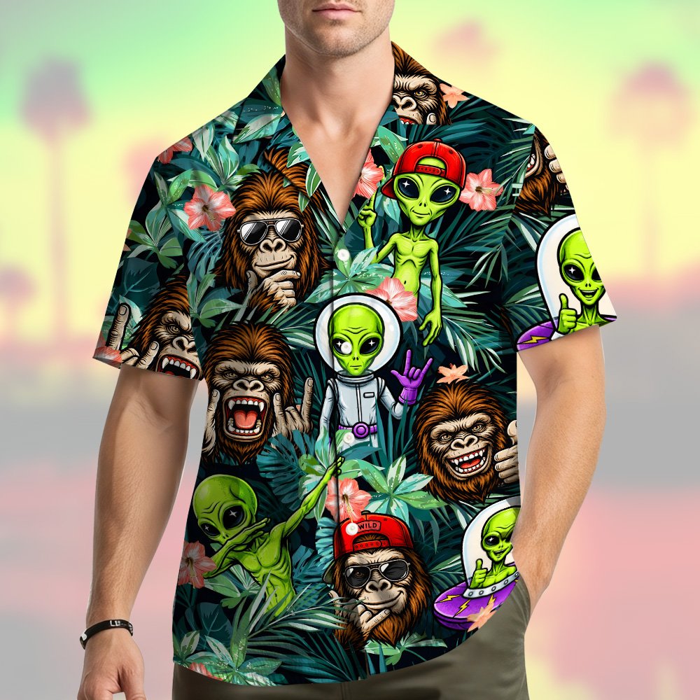 Front view of the short sleeve button-down tropical shirt