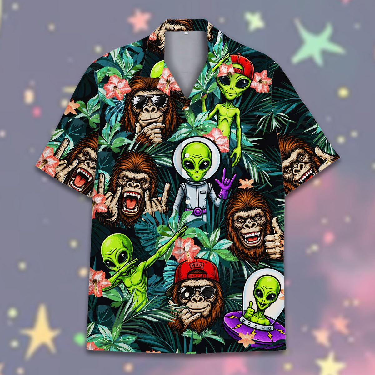 Front view highlighting the aliens in UFOs and gorillas in sunglasses