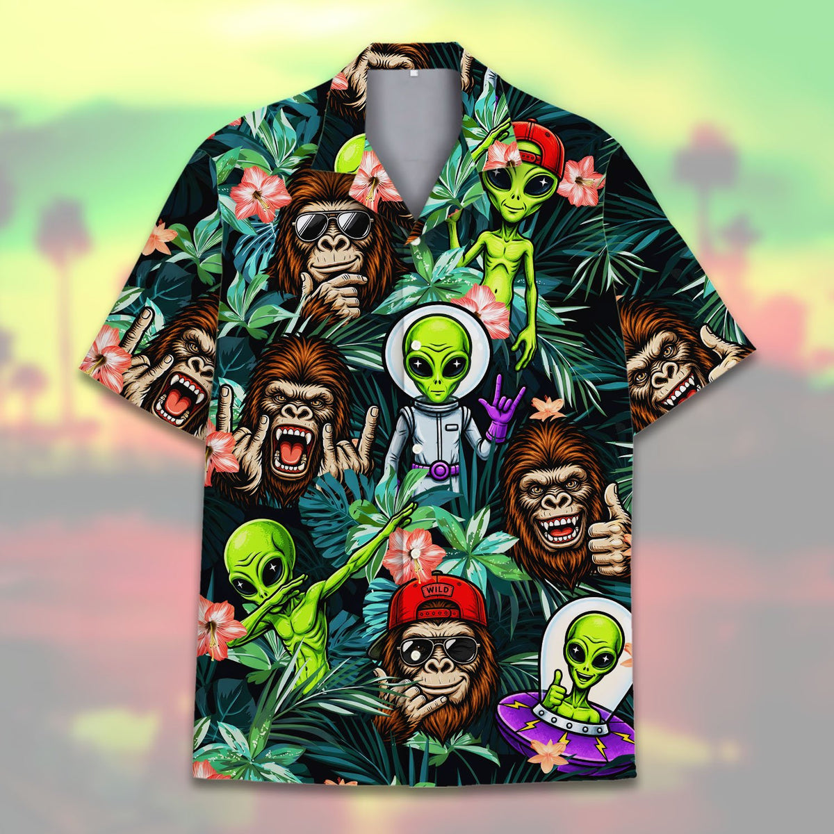Additional front view of the aliens and gorillas shirt