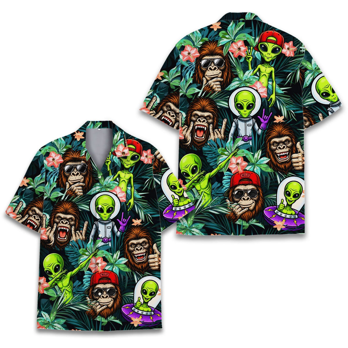 Front view of the tropical hawaiian shirt featuring aliens and gorillas