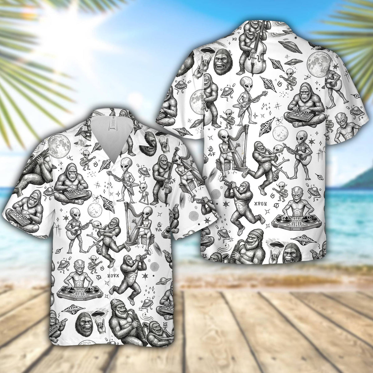Front view of the white gorillas hawaiian shirt with black hand-drawn alien and space illustrations