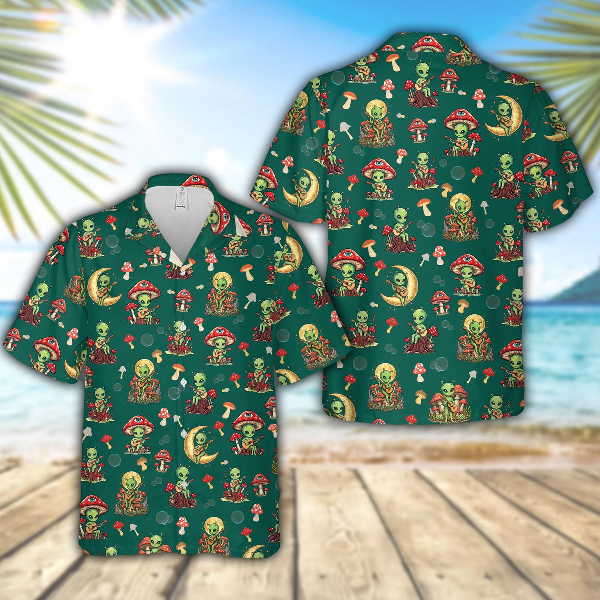 Aliens and mushrooms hawaiian shirt featuring green aliens and red mushrooms on a dark green background, main view