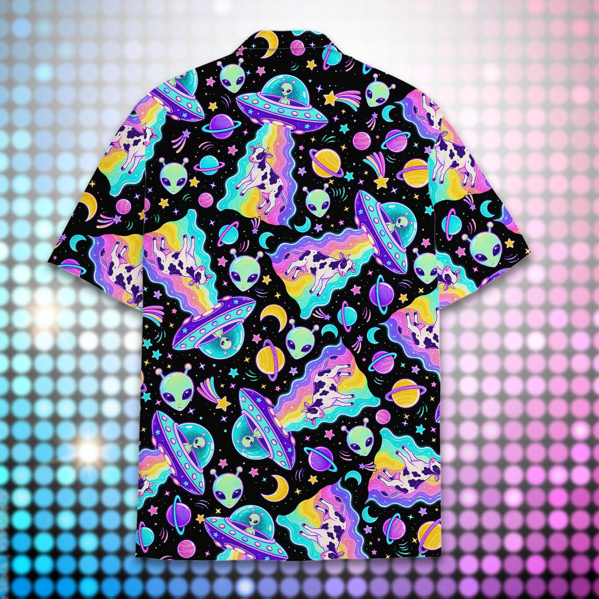 Back view 2 of matching family hawaiian shirts with neon UFOs
