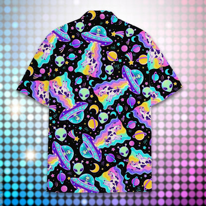 Back view 2 of matching family hawaiian shirts with neon UFOs