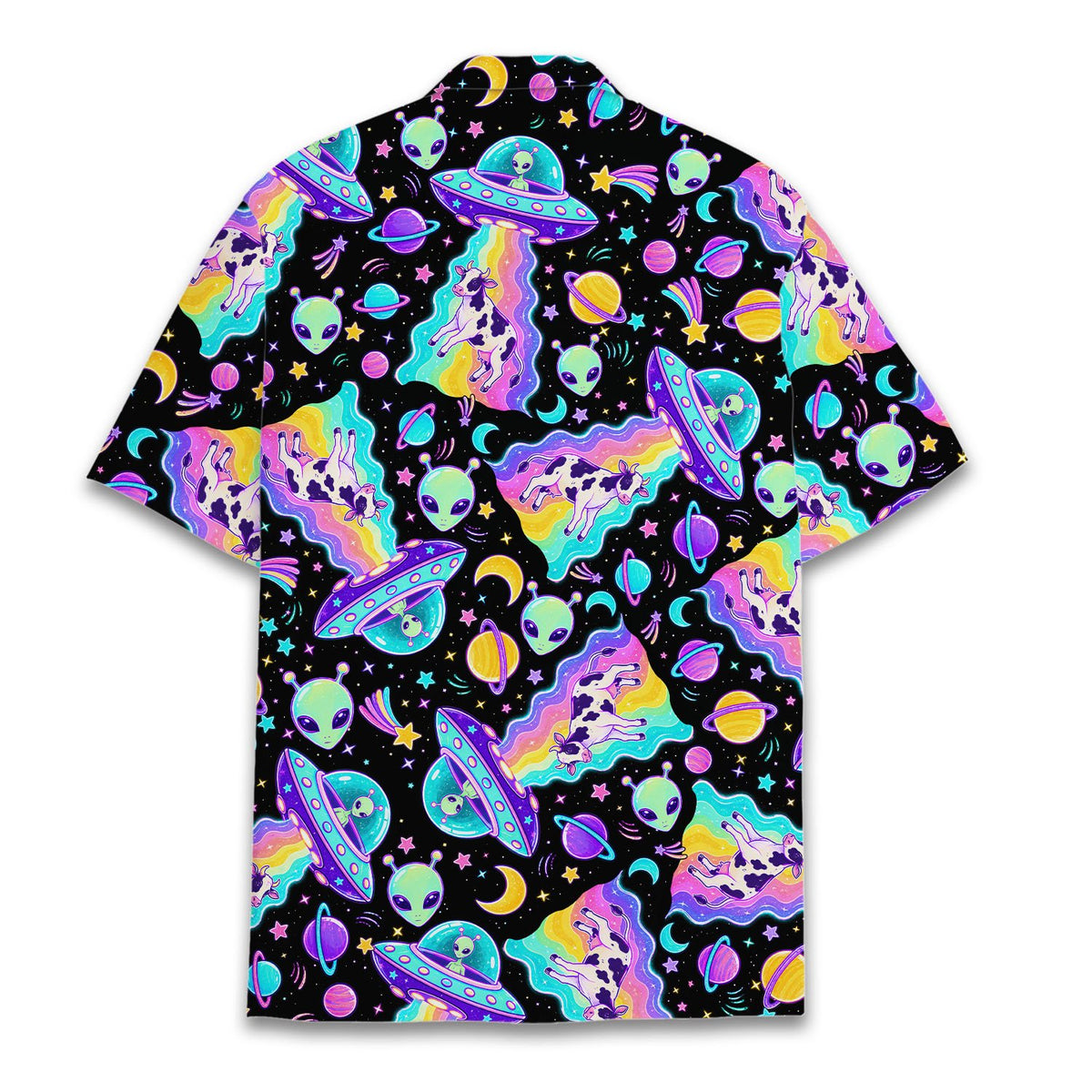 Back view of aliens and ufos hawaiian shirt showing repeating pattern