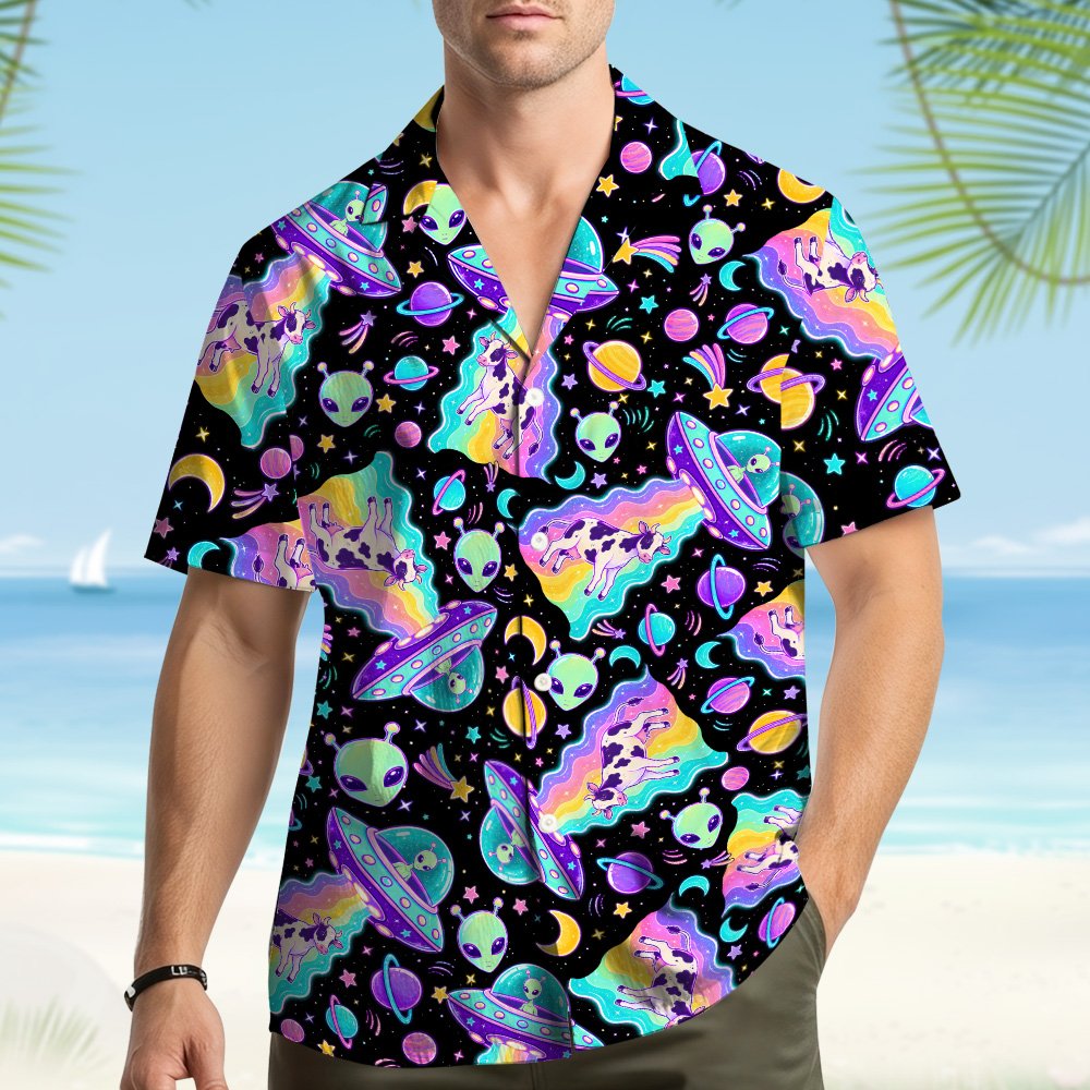 Front view 2 of black aliens hawaiian shirt with neon UFO design
