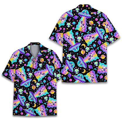 Front view 3 of matching family hawaiian shirts with space theme