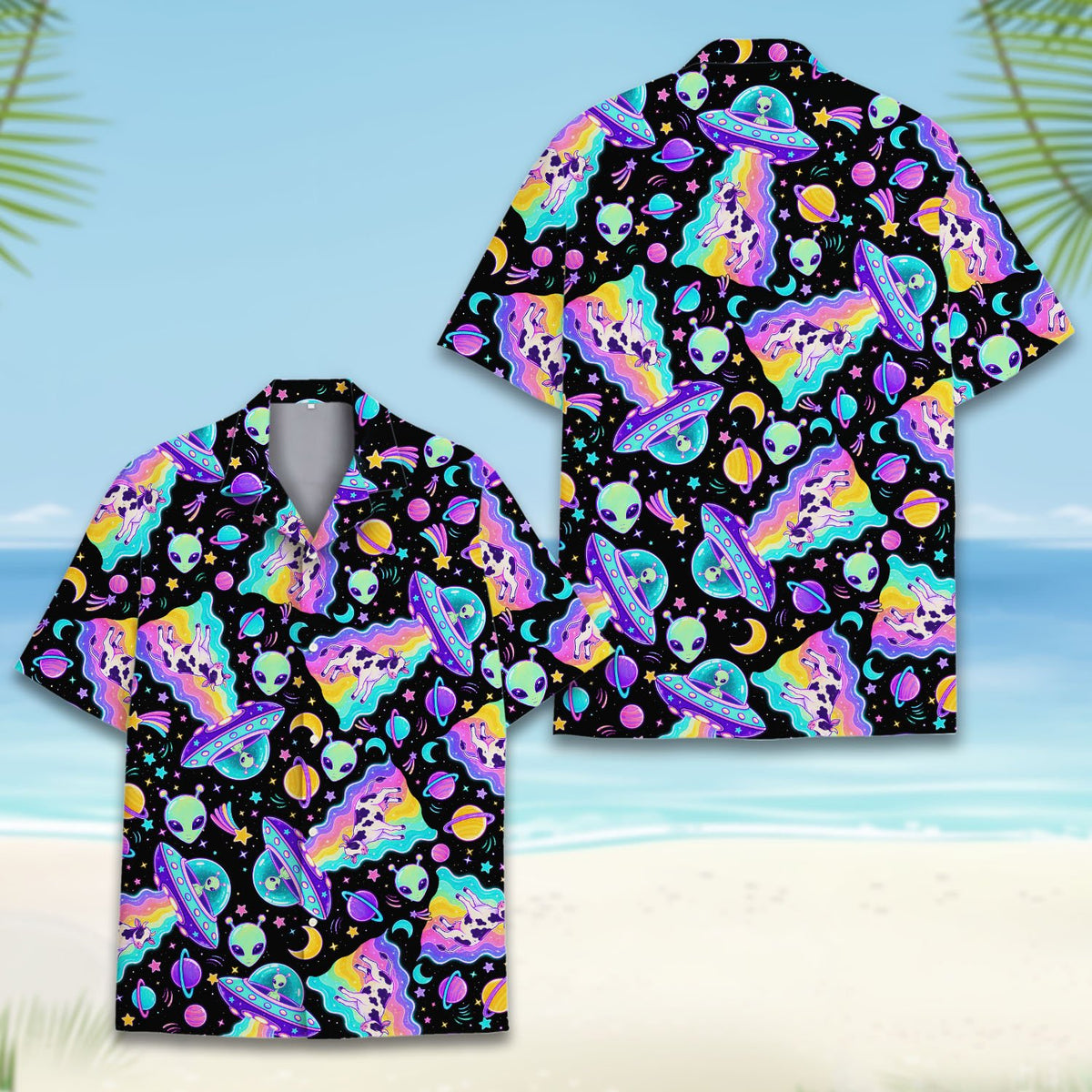Front view 5 of neon alien patterned hawaiian shirt