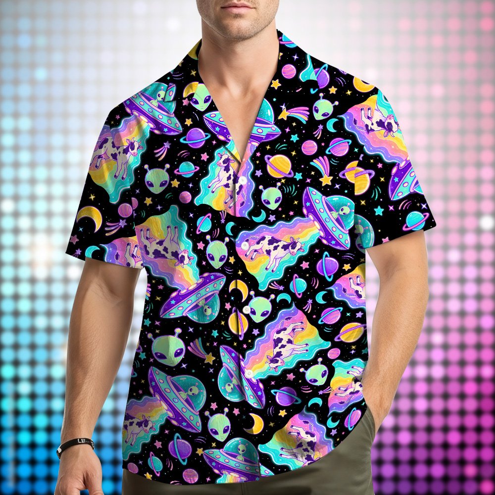 Front view of aliens and ufos hawaiian shirt with neon space design
