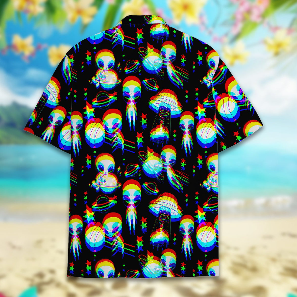 Detailed back view showing the colorful glitch effect UFOs