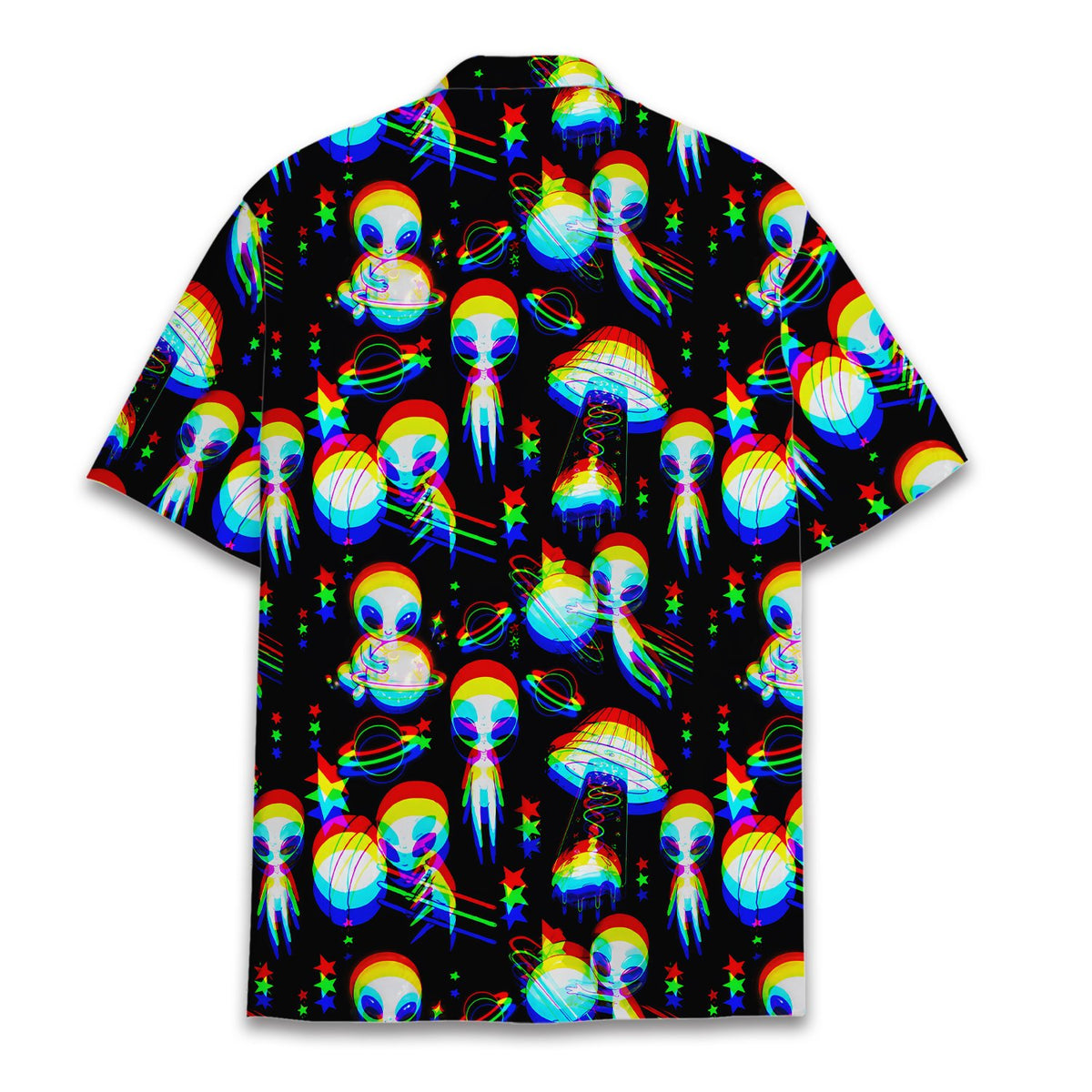 Back view of the matching family hawaiian shirt in aliens design