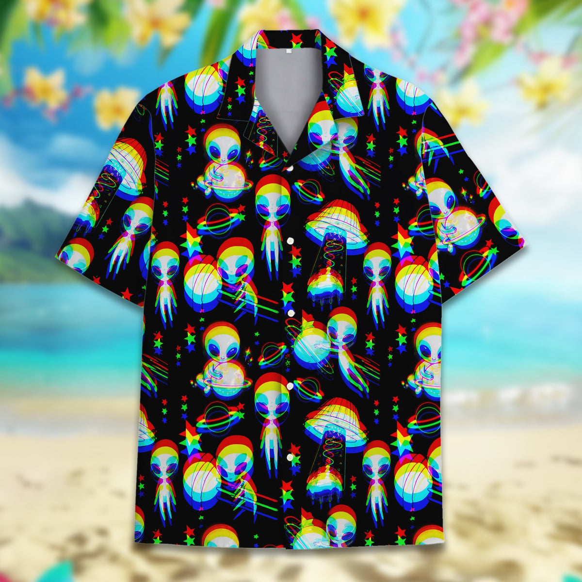 Detailed front view of the alien and planet abstract pattern