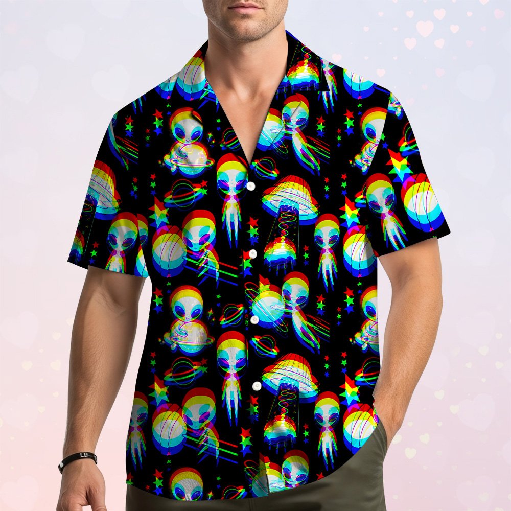Front view of the black and multicolor aliens hawaiian shirt