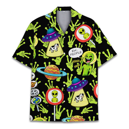 Aliens hawaiian shirt with neon UFO print, front view