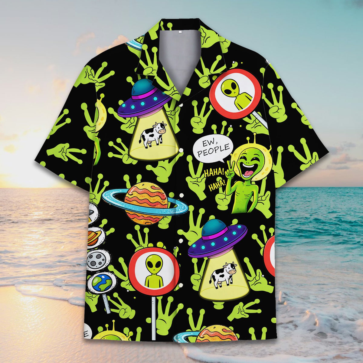 Lifestyle view of the aliens hawaiian shirt