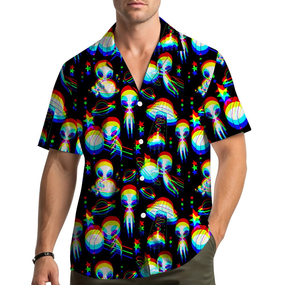 Lifestyle view of the family hawaiian shirts with aliens pattern