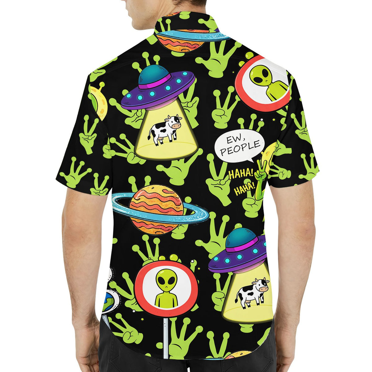 Person wearing the aliens hawaiian shirt outdoors