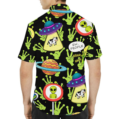 Person wearing the aliens hawaiian shirt outdoors