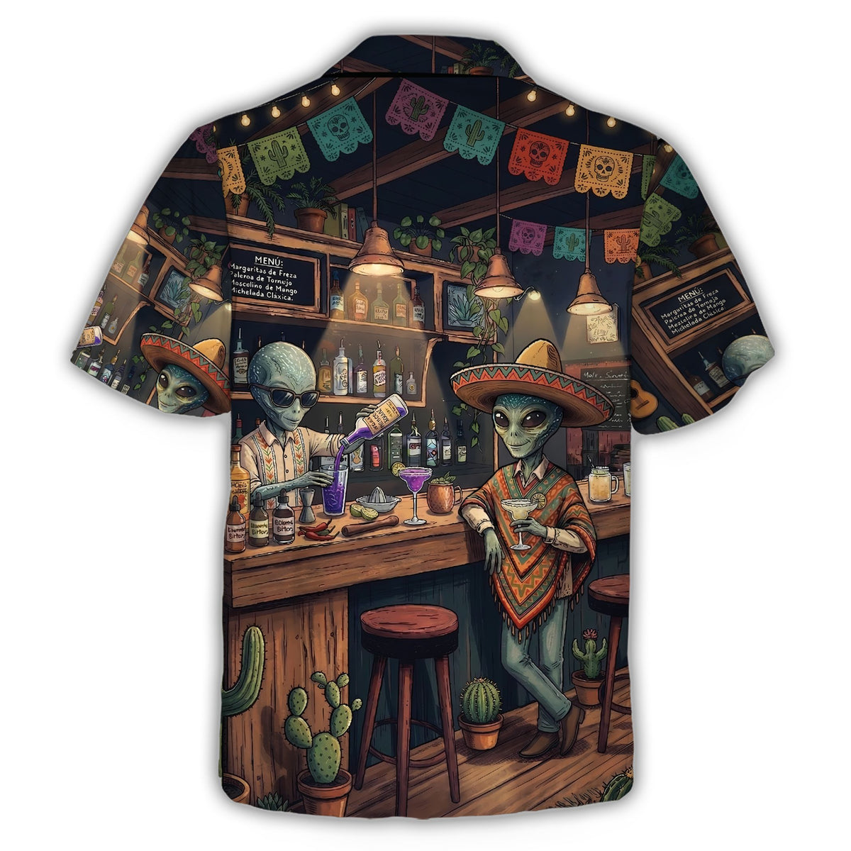 Back view of the aliens in mexican bar hawaiian shirt showing the detailed cantina design