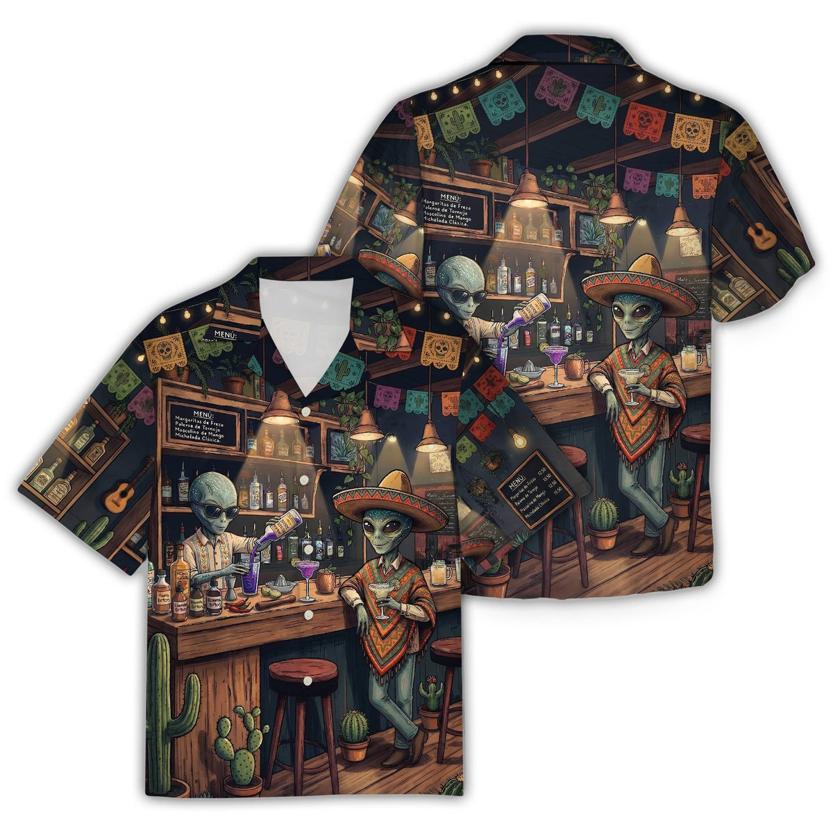 Front view of the aliens in mexican bar hawaiian shirt featuring an all-over print cantina scene