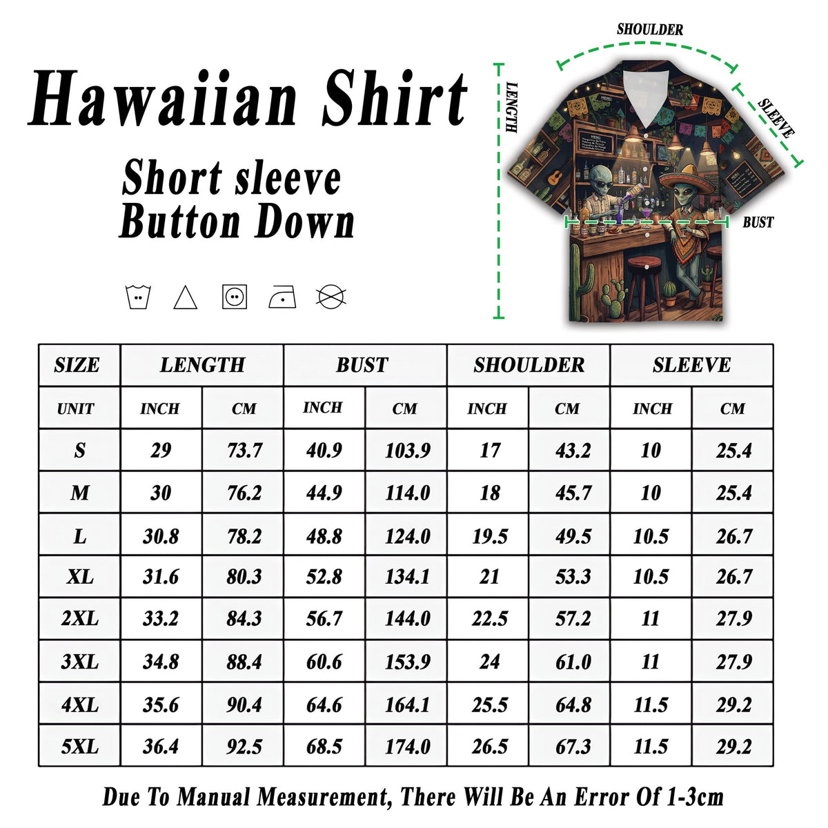 Angled view of the matching family hawaiian shirts design with aliens in a bar