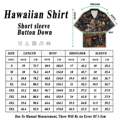 Angled view of the matching family hawaiian shirts design with aliens in a bar
