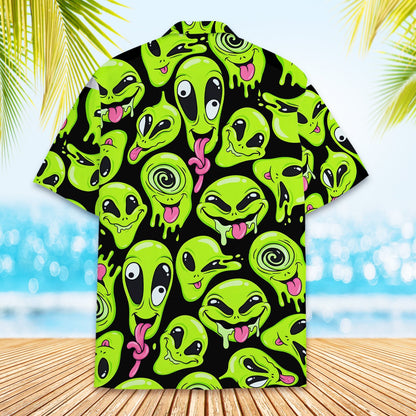 Detailed back view of the abstract alien hawaiian shirt
