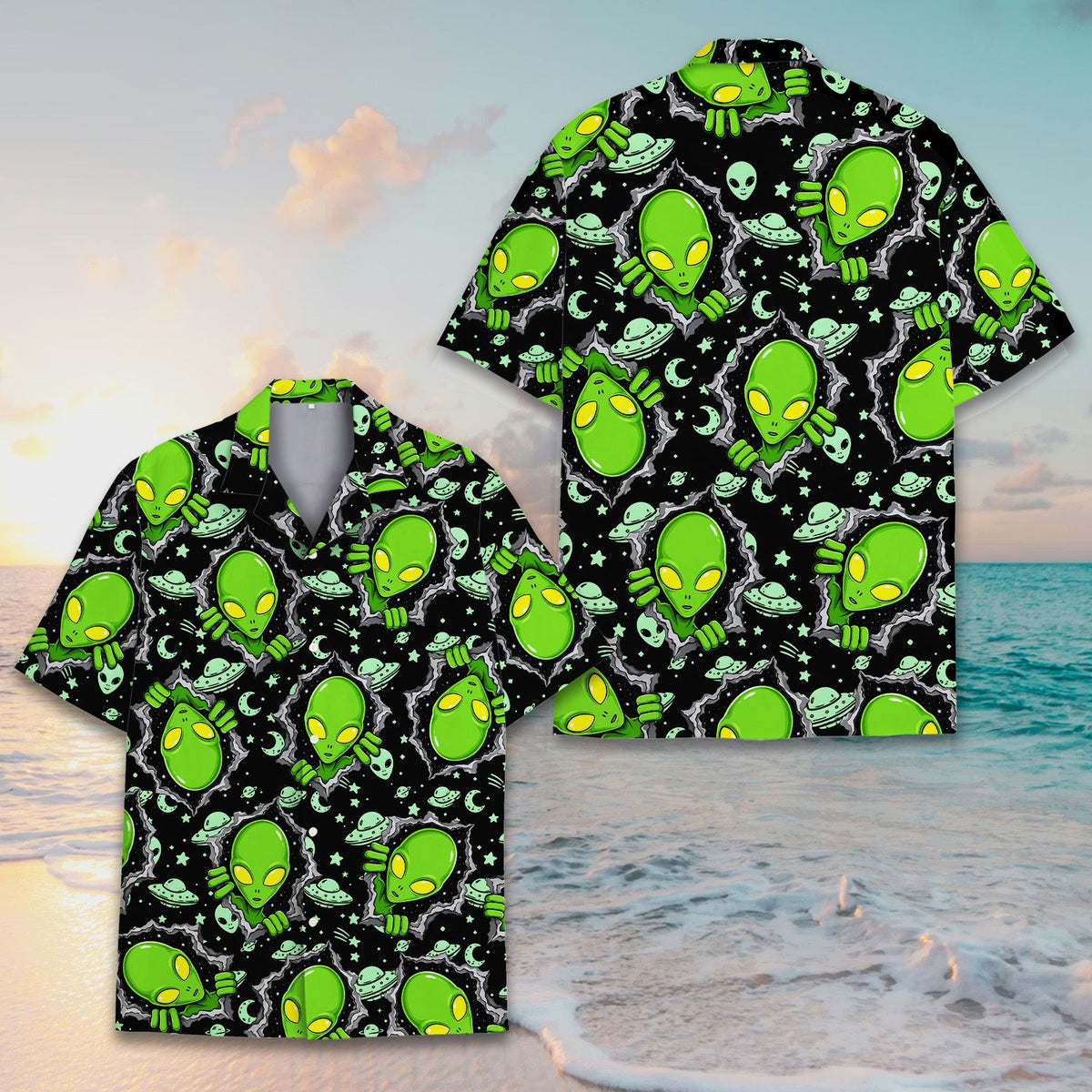 Alternate back view showing the alien heads and UFO pattern on black background