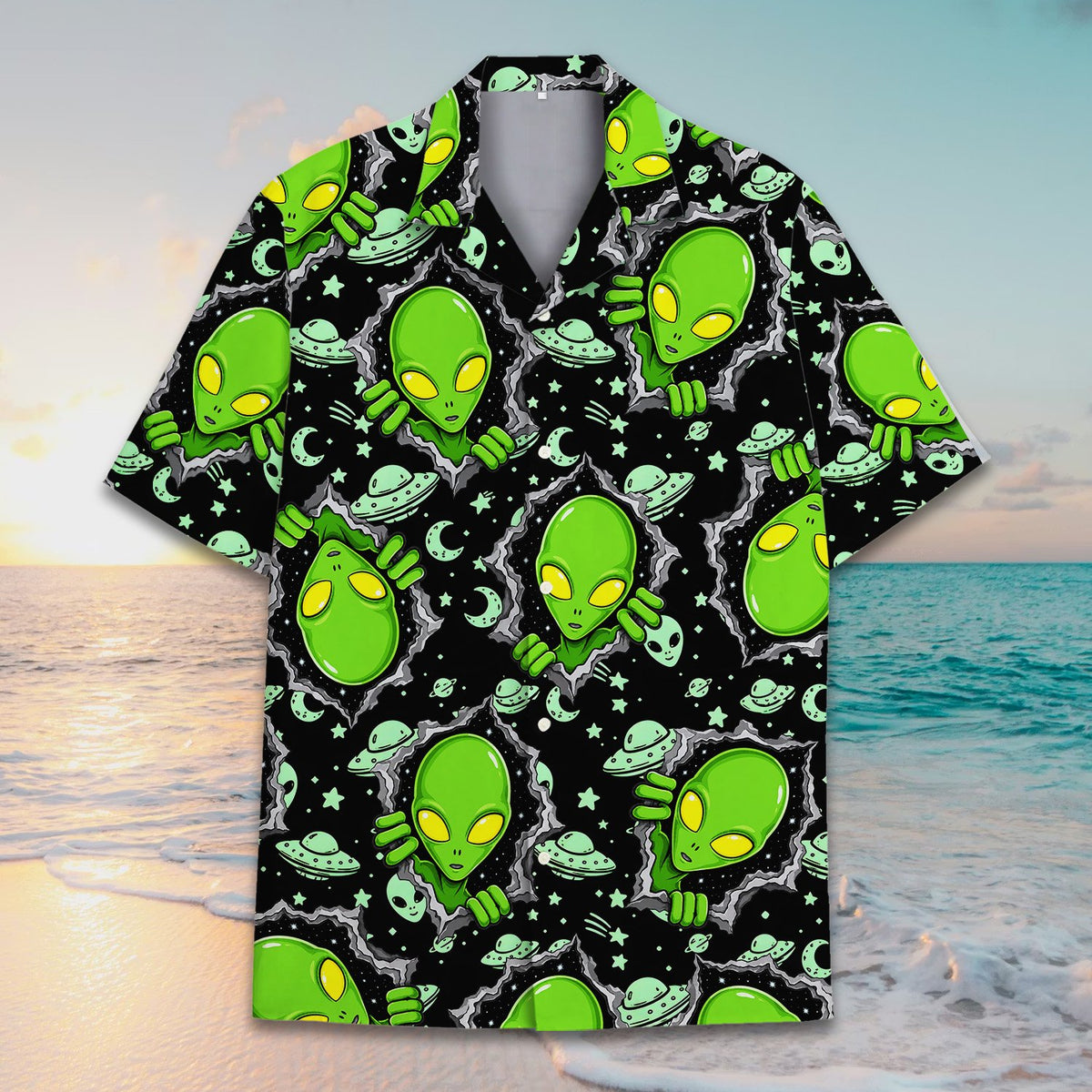 Close-up back view of the black aliens hawaiian shirt fabric