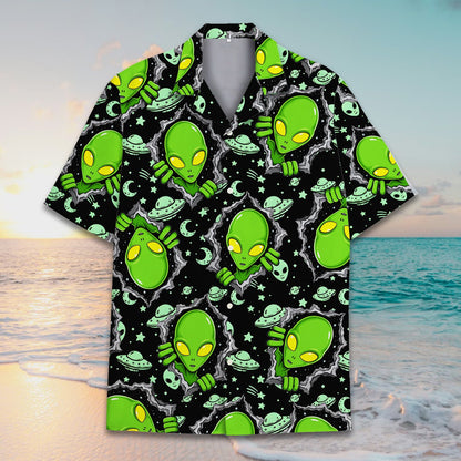 Close-up back view of the black aliens hawaiian shirt fabric