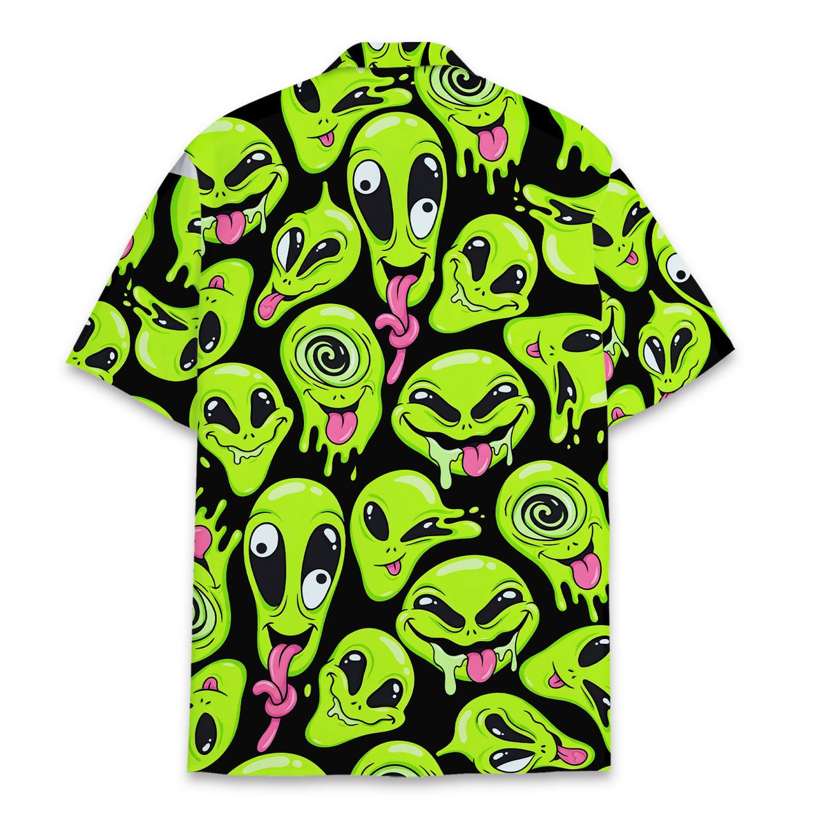 Back view of the green aliens hawaiian shirt