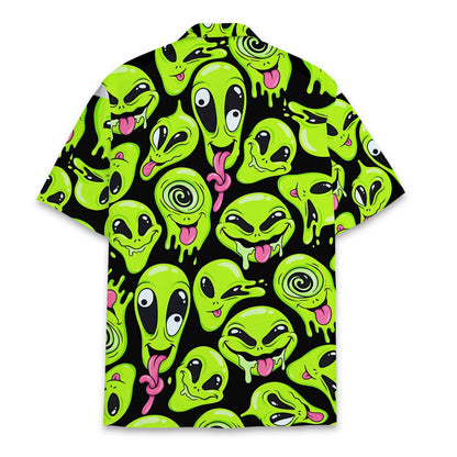 Back view of the green aliens hawaiian shirt